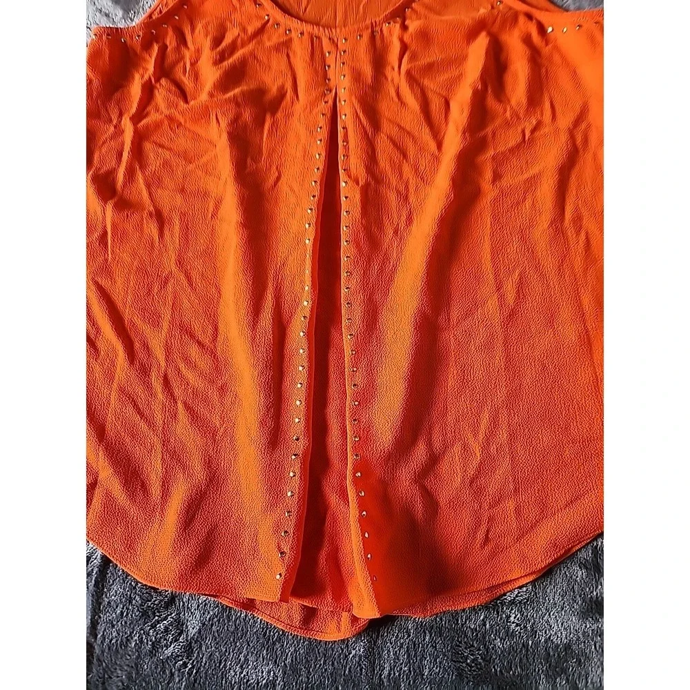 Michael‎ Kors Women's Bright Orange/Gold Studded Scoop Neck Slit Tank Top Size S